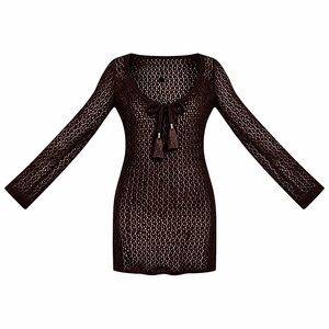 House of Harlow Brown Swim Crochet Long Sleeve Dress CoverUp Tie Bust Flared Med